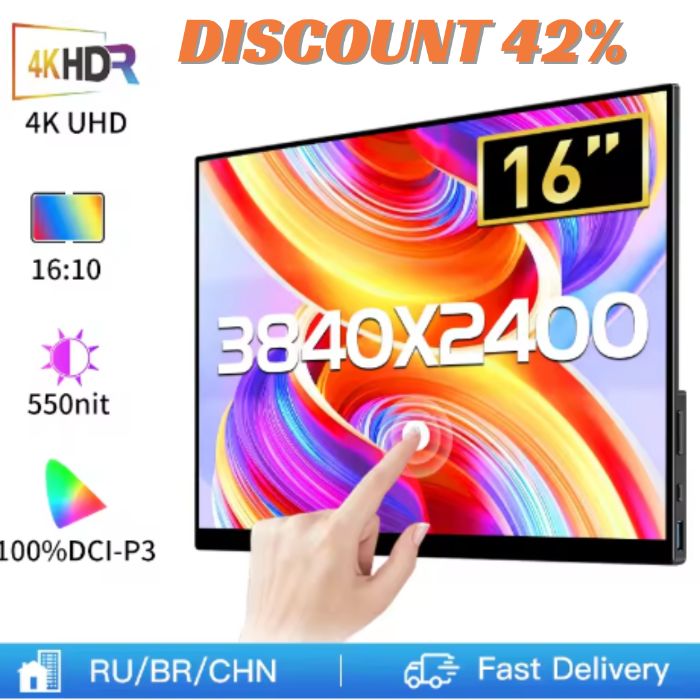 16 Inch 4K Touch Screen Portable Monitor 100DCIP3 550nit 38402400 16:10 Travel Office Display for Phone Laptop Switch Xbox