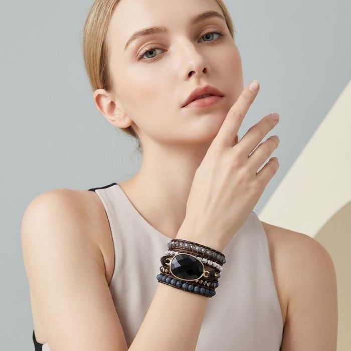 Black Onyx Bracelet MultiLayer Boho Wrap with Crystals and Natural Stones