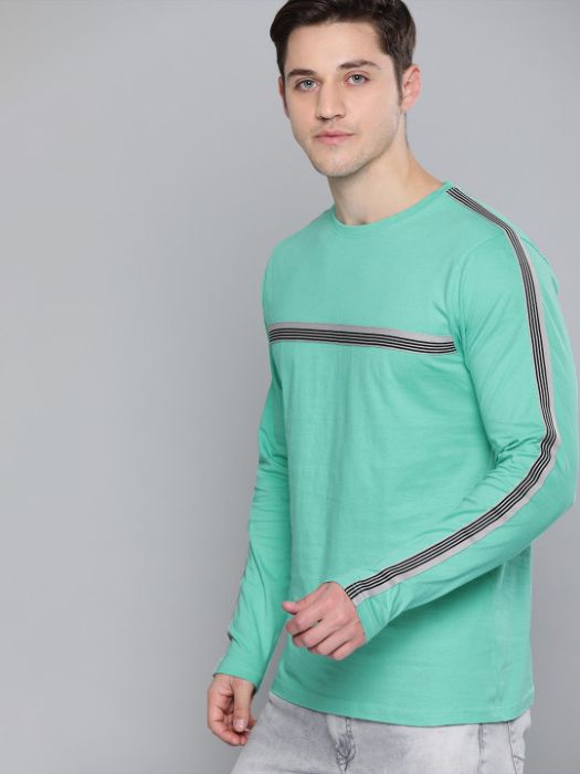 Difference of Opinion Men Sea Green Striped Round Neck Tshirt