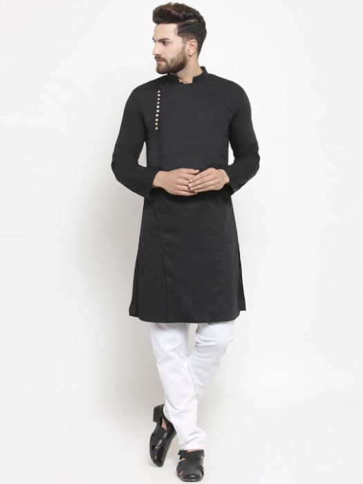 Purple State Men Black Solid Straight Kurta