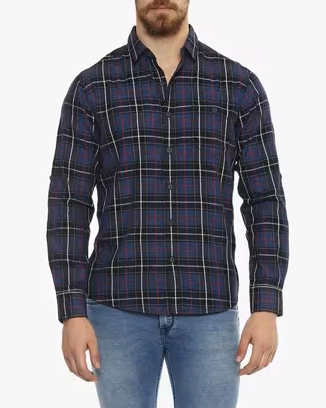Slim Fit Checked Shirt with Buttoned Patch Pocket