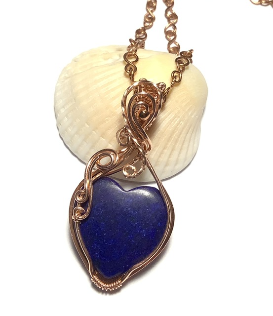 Copper Wire Wrap Lapis Lazuli Heart Pendant