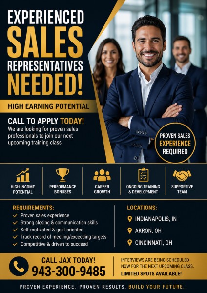 Experienced Sales Representatives Needed High Earning Potential Call to Apply