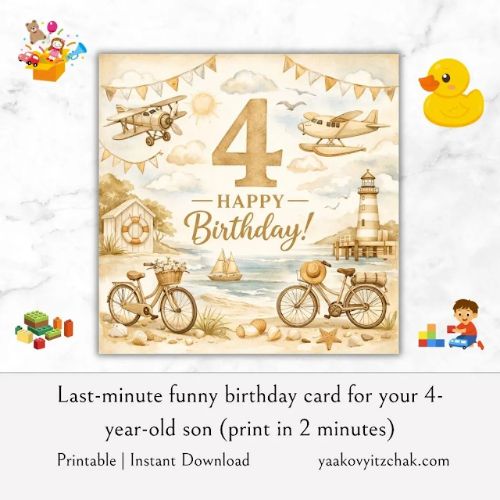Card For 4 Year Old Boy Birthday Greeting Card for 4 year Old Son 4th Birthday Gift Printable Kids Birthday Card Coastal Gold Beige Watercolor Birthday for Boys