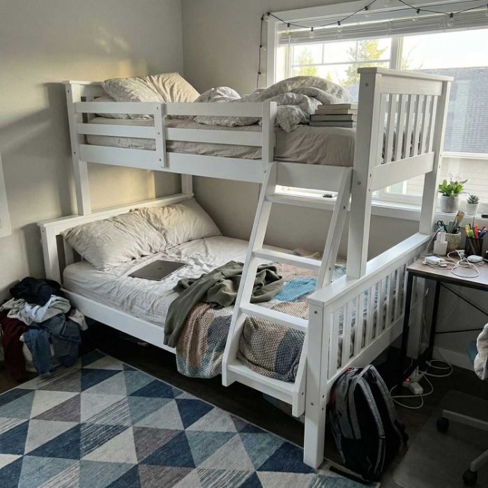 Triple Bunk Bed with Double Bottom, Single Over Double, Solid Wood, Detachable
