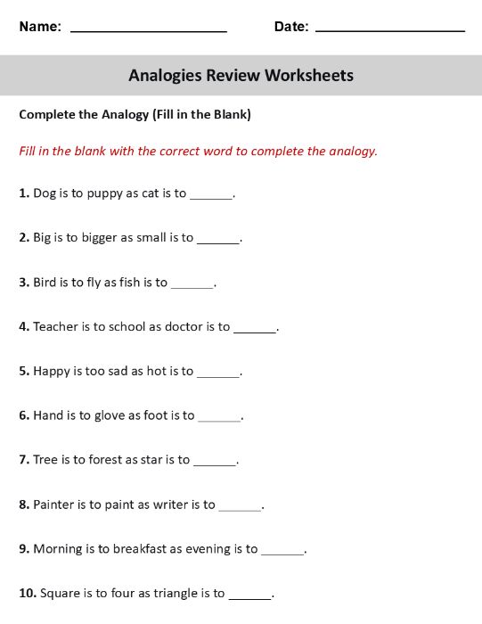Analogies Review Worksheets With Answer Key PDF Printable