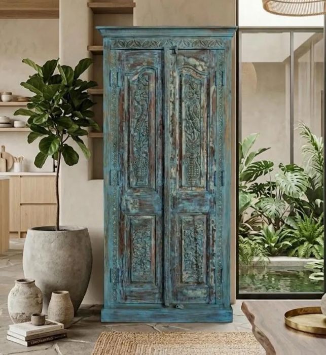 Antique Carved Wardrobe Armoire: Rustic Farmhouse Solid Wood Turquoise Cabinet 83x38