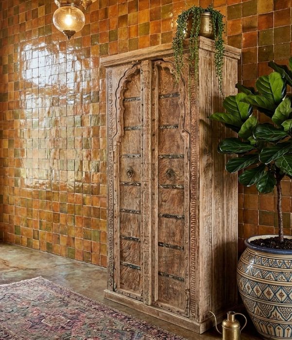 Antique Indian Door Wardrobe Armoire: Rustic Solid Wood Large Farmhouse Cabinet 78x37