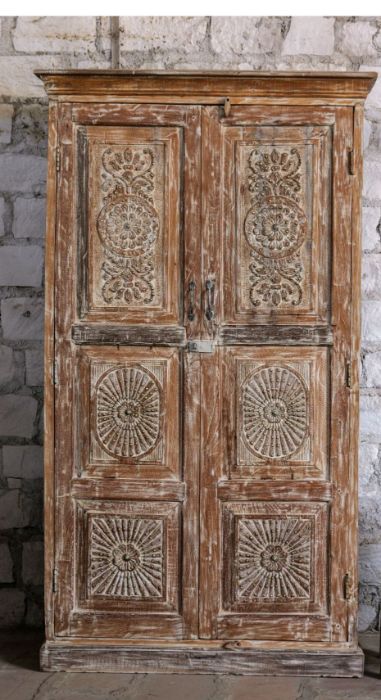 Antique Ornate Wooden Armoire: Whitewash Brass Stud Sunray Accent Wardrobe 80x45