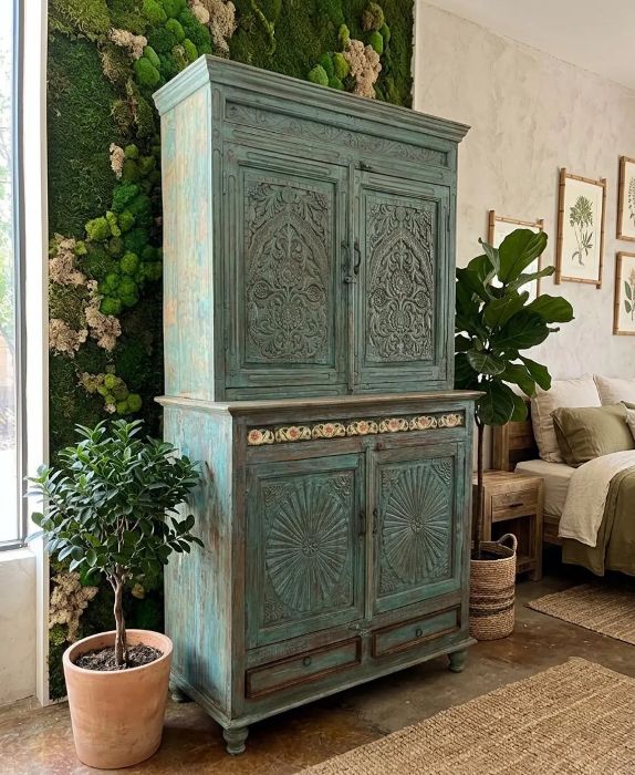 Antique Wooden Armoire Carved Cabinet with Decorative Painted Tiles