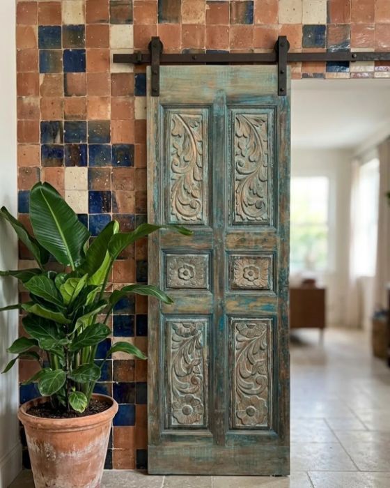 Antique Carved Wood Single Barn Door Distressed Blue Statement Floral Door 80x27