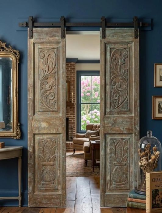 Antique HandCarved Natural Wood Double Doors: Farmhouse Hinged or Sliding Barn Door (80x30in)
