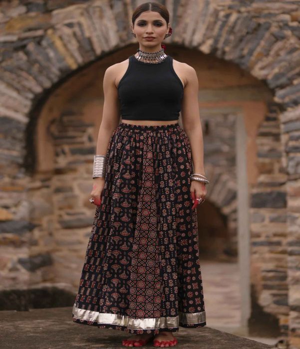 Buy Womens Black Multi Printed Flared Long Skirt Online