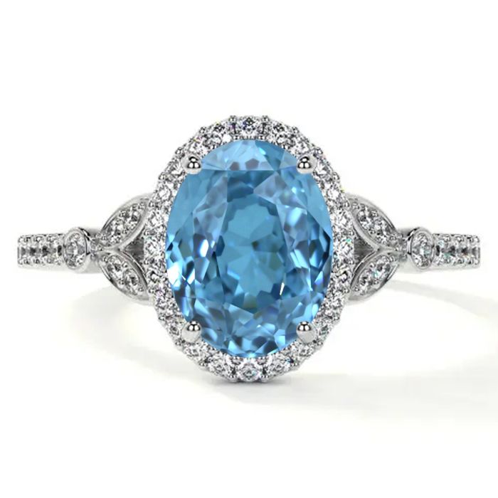 Elegant Swiss Topaz Custom Engagement Rings Halo with Round Diamonds